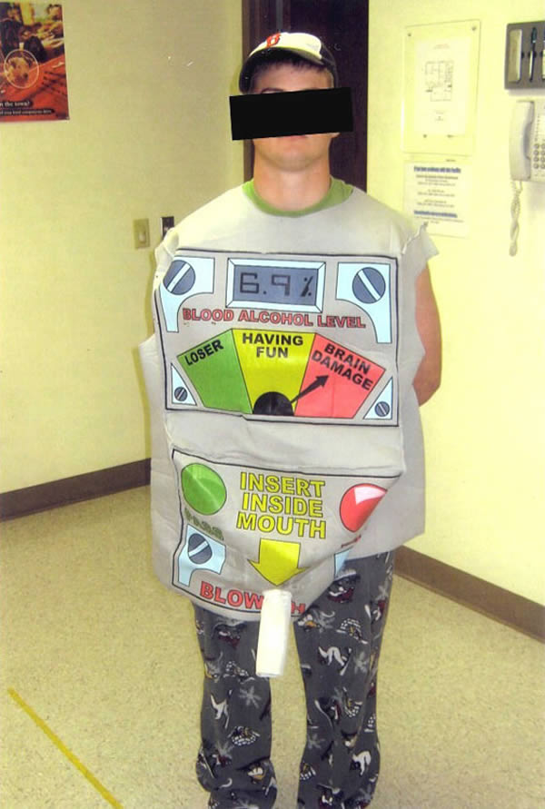 It doesn't get much more ironic than this. A 19-year-old Nebraska native was arrested for drunk driving — while wearing one of those cheeky “blow here” breathalyzer costumes. Matthew Nieveen was brought up on DUI and underage alcohol possession charges while wearing the less-than-tasteful Halloween costume.