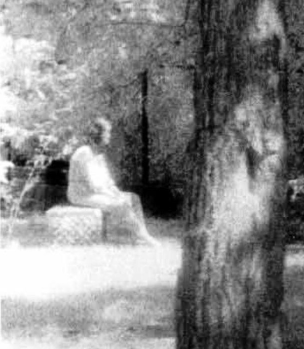 Waiting for Eternity.
In 1991, members of the Ghost Research Society sought to investigate paranormal sightings within Bachelor’s Grove cemetery outside of Chicago. This is considered one of the most haunted places in the US, with hundreds of reports of various phenomena. During their physical investigation, they didn’t find anything, and one of the members took a photo of a tombstone. Later when it was developed, they found a ghostly figure sitting on the stone, waiting.