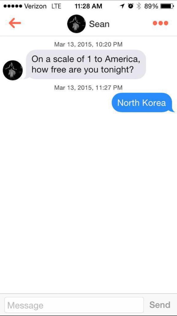 tinder pick up lines scale of 1 - .. Verizon Lte 10 89% Sean , On a scale of 1 to America, how free are you tonight? , North Korea Message Send