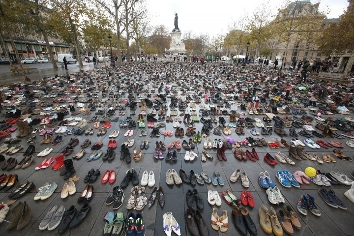 Climate activists left their shoes behind in their place after a COP21 march in Paris was cancelled.