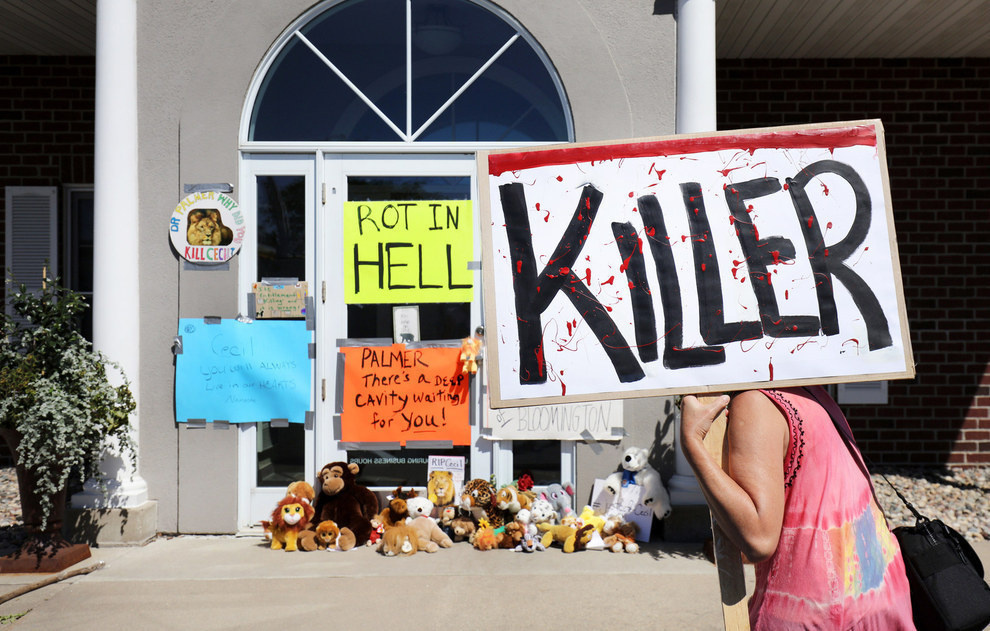 Protesters denouncing the wrongful killing of Cecil the lion, in the parking lot of Dr. Walter Palmer's River Bluff Dental Clinic.