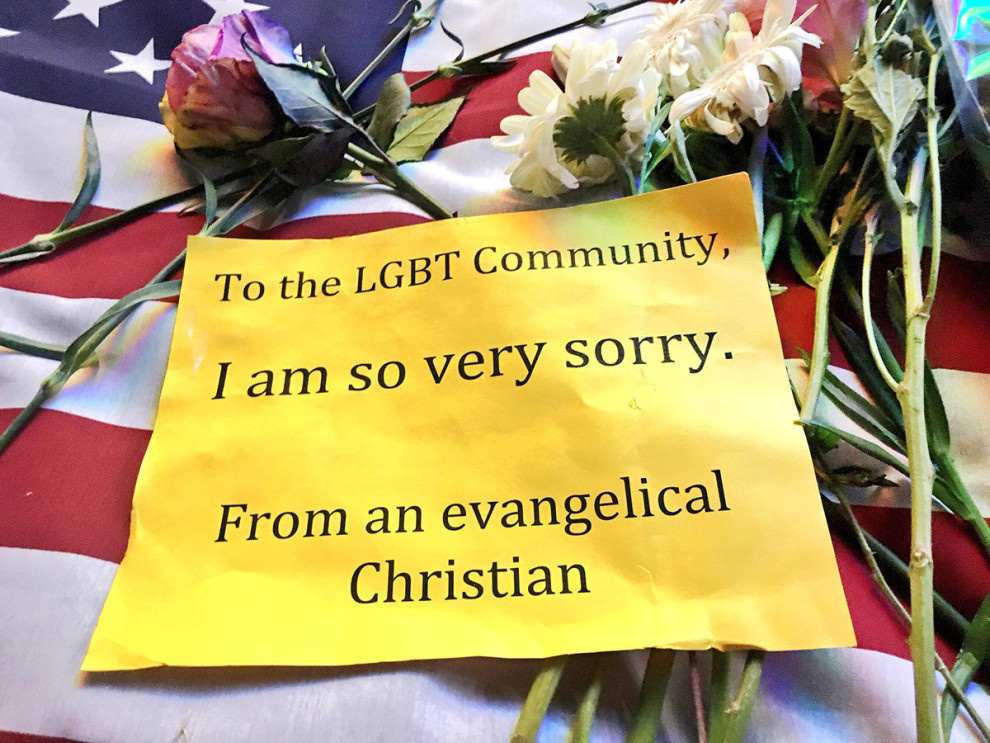 A note from an "evangelical Christian" that was left at the Orlando vigil for the shooting victims that lost their lives in the Pulse nightclub.