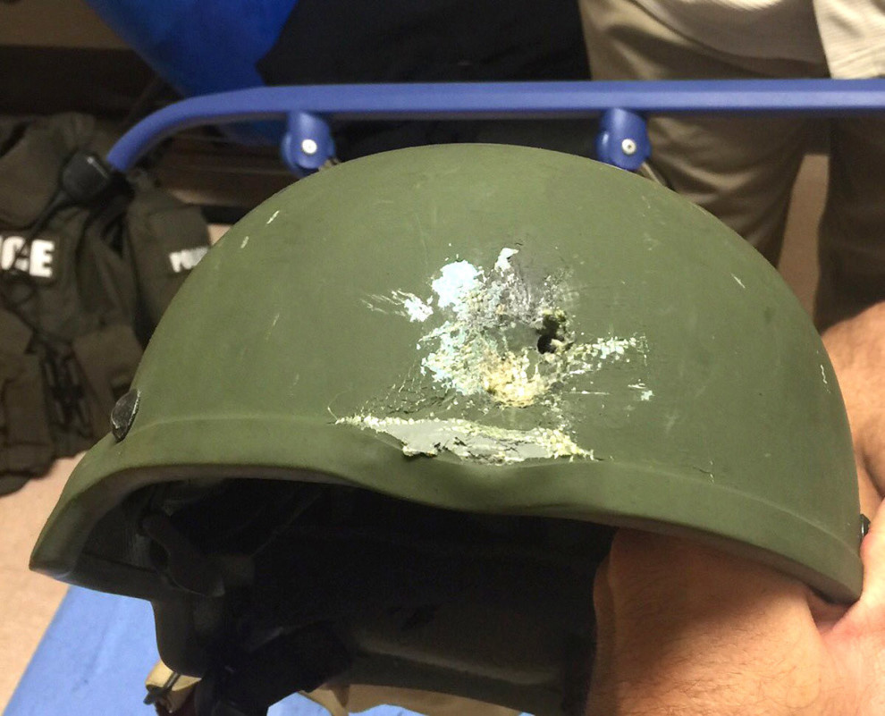 The helmet that saved Officer Michael Napolitano's life when his unit responded to the Pulse nightclub shooting.