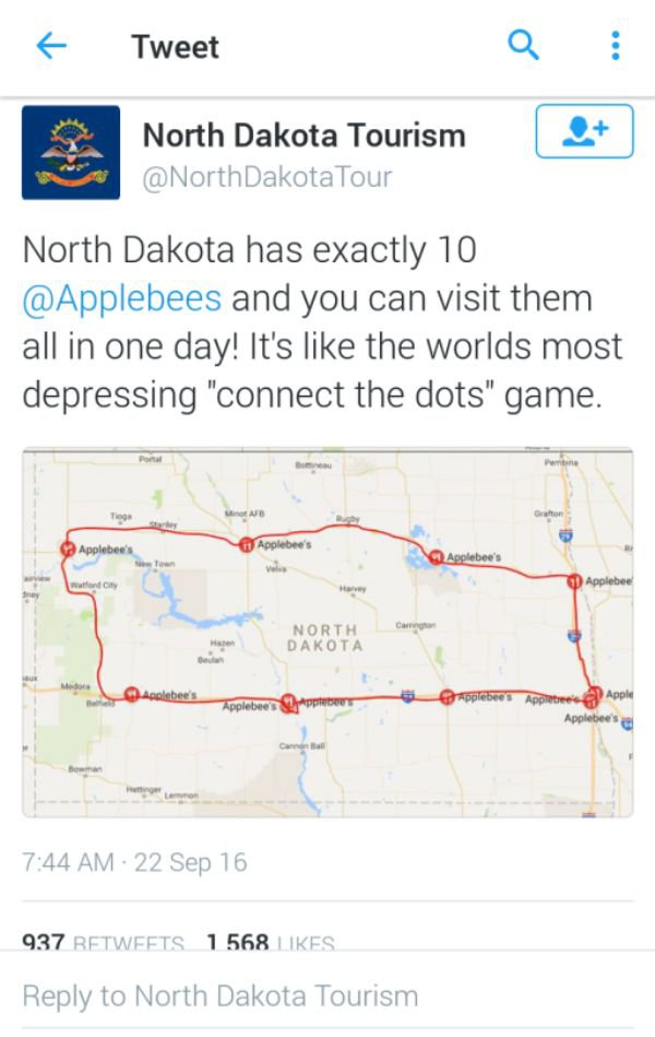 memes  - diagram - Tweet North Dakota Tourism Dakota Tour North Dakota has exactly 10 and you can visit them all in one day! It's the worlds most depressing "connect the dots" game. Toge Oration Applebee's Applebee's Applebee's Applebee apen North Dakota 