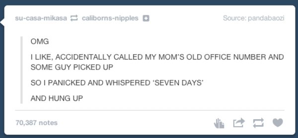 tumblr - web page - sucasamikasa calibornsnipples Source pandabaozi Omg I , Accidentally Called My Mom'S Old Office Number And Some Guy Picked Up So I Panicked And Whispered 'Seven Days' And Hung Up 70,387 notes