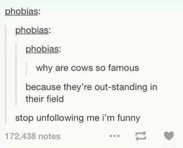 tumblr - diagram - phobias phobias phobias why are cows so famous because they're outstanding in their field stop uning me i'm funny 172,438 notes