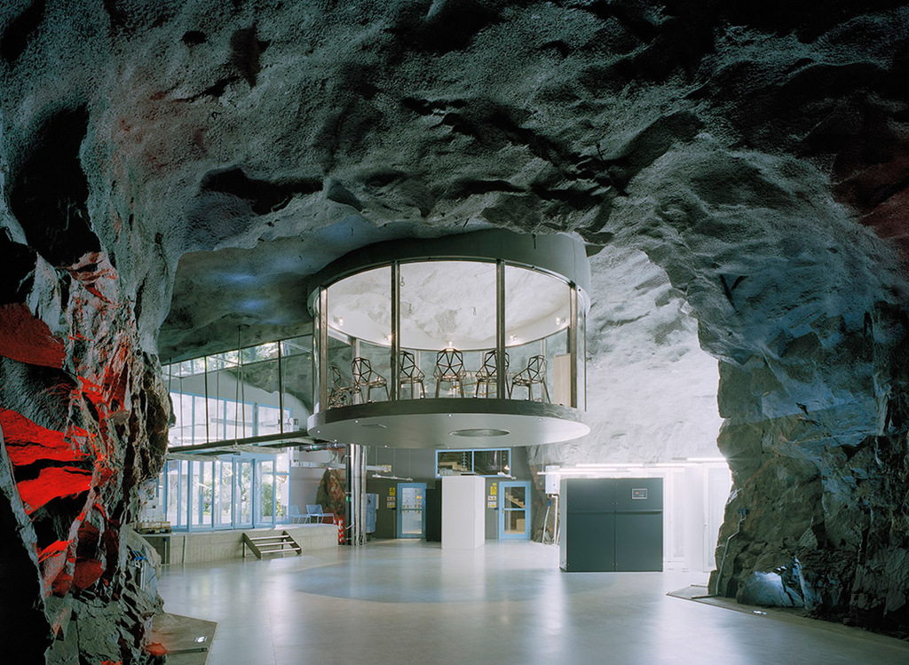 Former Cold War Bomb Shelter, has greenhouses, waterfalls, German submarine engines, simulated daylight and can withstand a hit from a hydrogen bomb, converted into Internet Data Center in Stockholm, Sweden