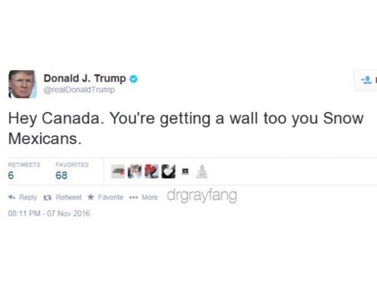 donald trump snow mexicans meme - Donald J. Trump Trump Hey Canada. You're getting a wall too you Snow Mexicans. 6 Favorites 68 23 Retweet Favorite ... More drgrayfang 08.11 Pm