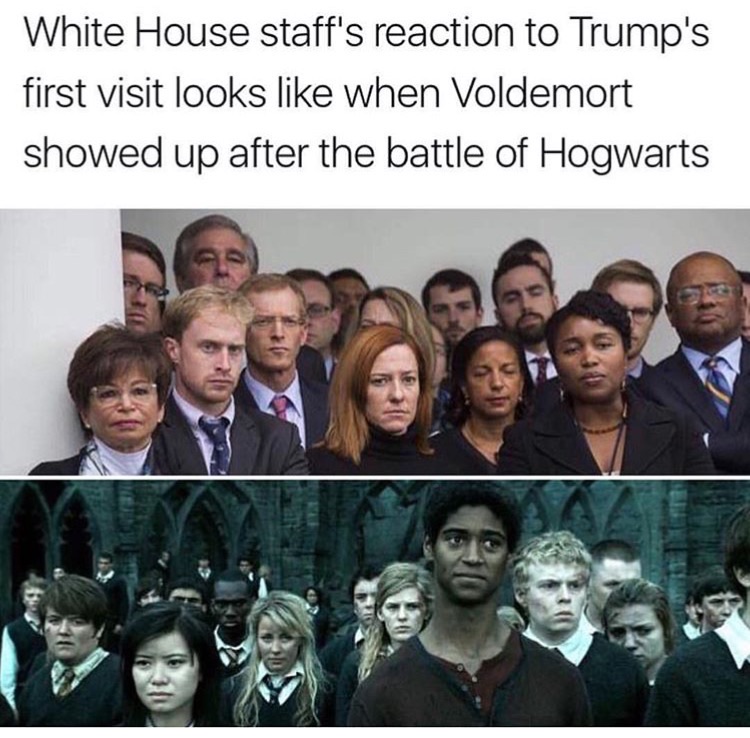 harry potter memes - White House staff's reaction to Trump's first visit looks when Voldemort showed up after the battle of Hogwarts