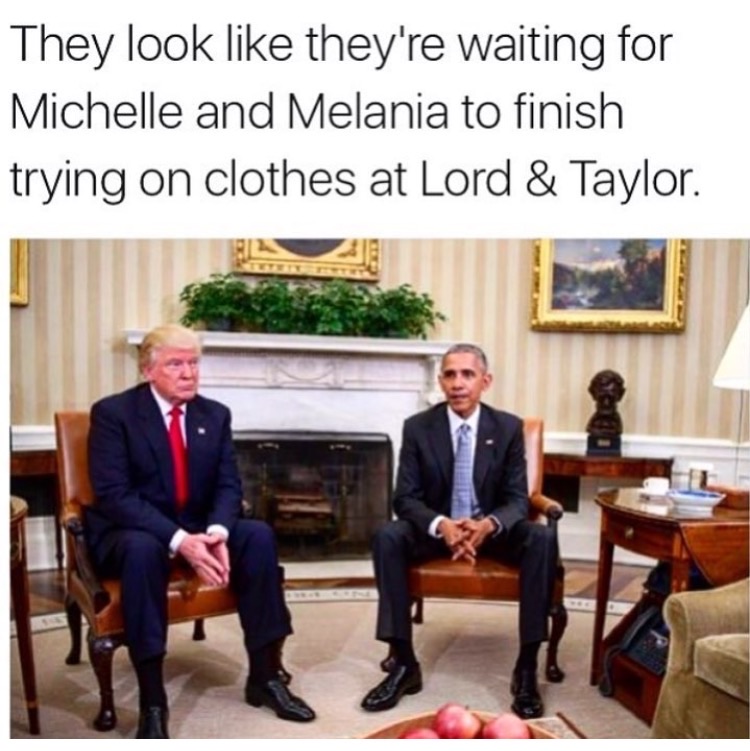 trump obama white house - They look they're waiting for Michelle and Melania to finish trying on clothes at Lord & Taylor.