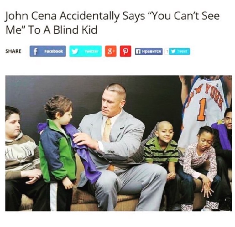 john cena says you can t see me to a blind kid - John Cena Accidentally Says "You Can't See Me" To A Blind Kid f Facebook Ti Hpontor Tweet