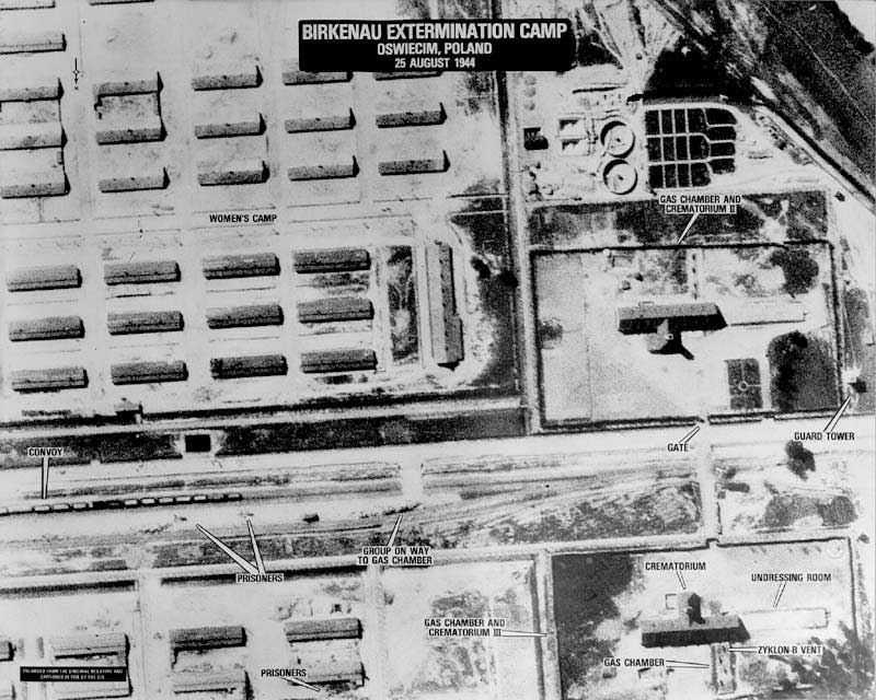 Aerial Photographs of Auschwitz taken by an British Reconnaissance plane. The main crematorium can be seen on the lower right. Poland , 1944