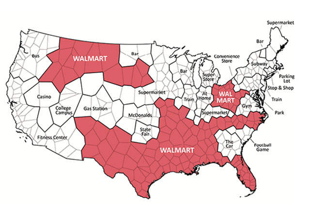 The most frequent sites of “missed connections” on Craigslist in each region