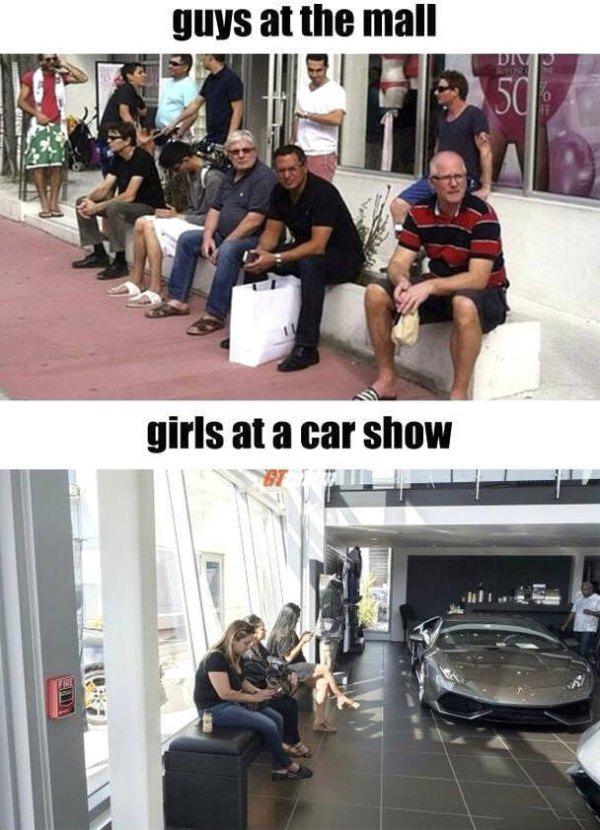 miserable men shopping - guys at the mall girls at a car show
