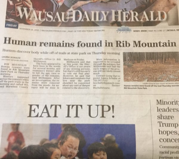 Humour - Wausaldaily Herald Friday Part Of The Usa Today Network Wine Show By Details Human remains found in Rib Mountain le cincover while finaliste park on Thursday morning Laura Schult here or L Hill Madison Friday More information is Millhausen Milthu