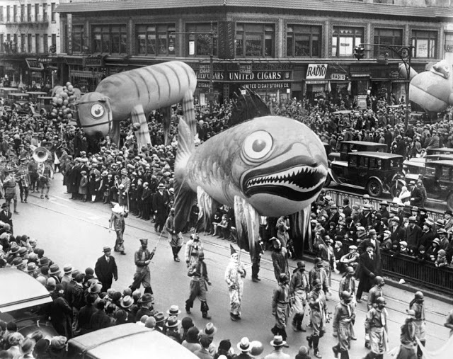 At the 1929 Thanksgiving Day Parade in New York City people saw a 35 foot balloon fish that was followed by a 60 foot tiger balloon. Balloons are still a major part of the parades today but the technology has made them better.