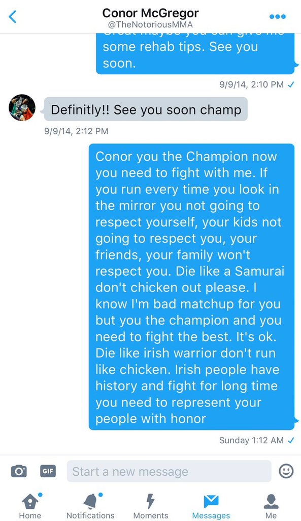 Khabib Nurmagomedov’s DM to Conor McGregor