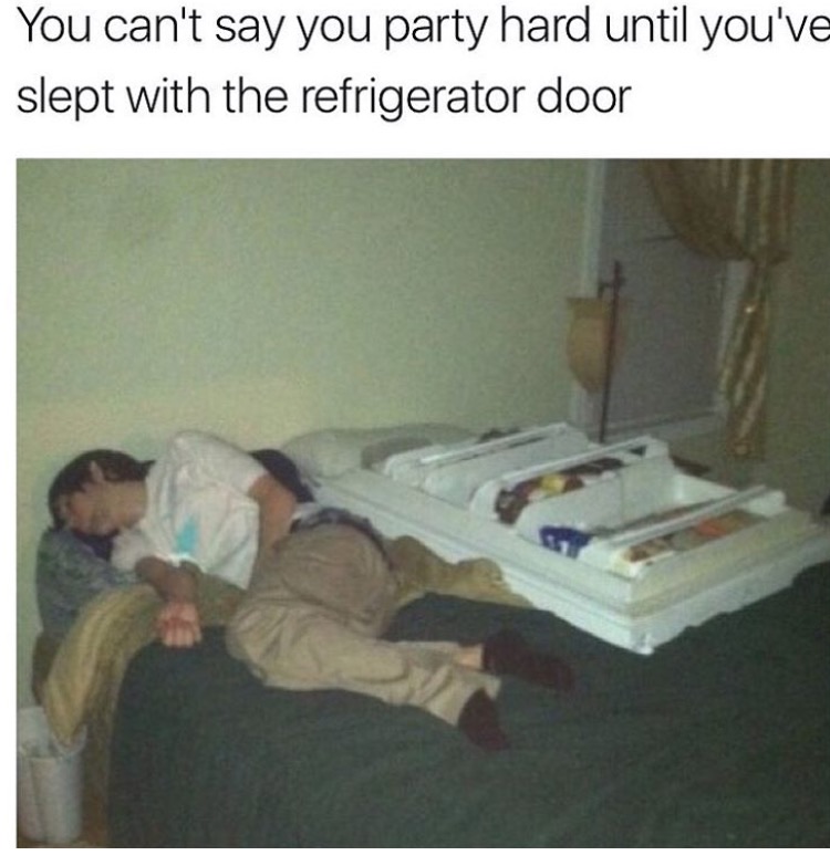 memes - funny break - You can't say you party hard until you've slept with the refrigerator door