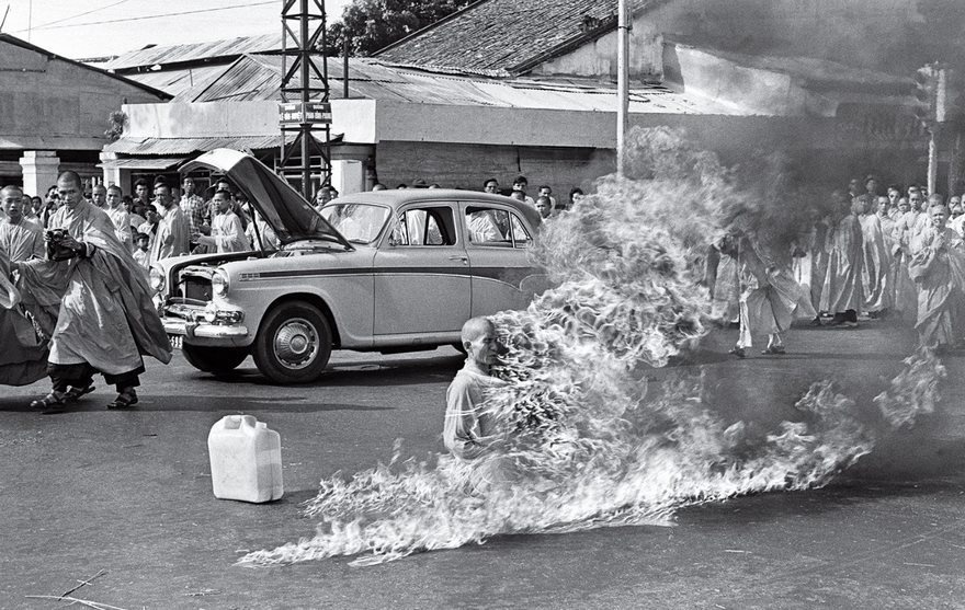 The Burning Monk, Malcolm Browne, 1963.
The self-immolation of Vietnamese Mahayana Buddhist monk Thích Quang Duc in Saigon spurred, and continues to spur, waves of emotion in people from all over the world. It was coordinated in response to the Diem regime's discriminatory Buddhist laws, including the banning of the Buddhist flag.