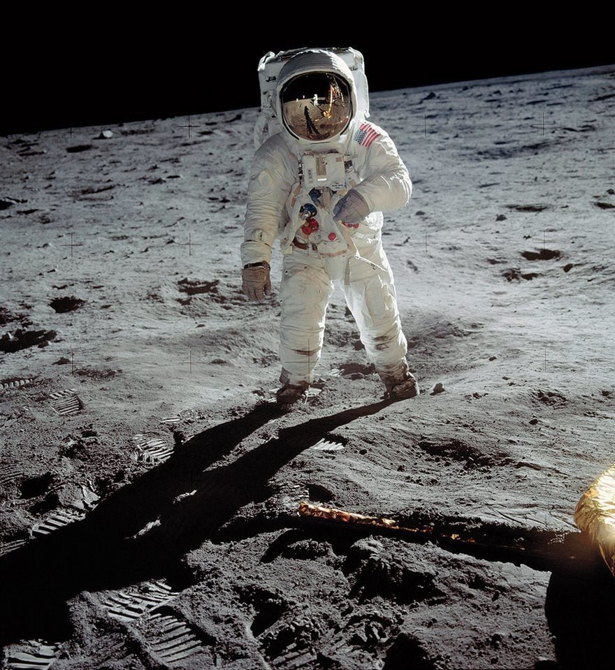 A Man on the Moon, Neil Armstrong, NASA, 1969.
Neil Armstrong may have been the first man on the moon but he wasn't alone—Buzz Aldrin, pictured here, was also there. If you look closely, you can catch a glimpse of Armstrong in his visor.