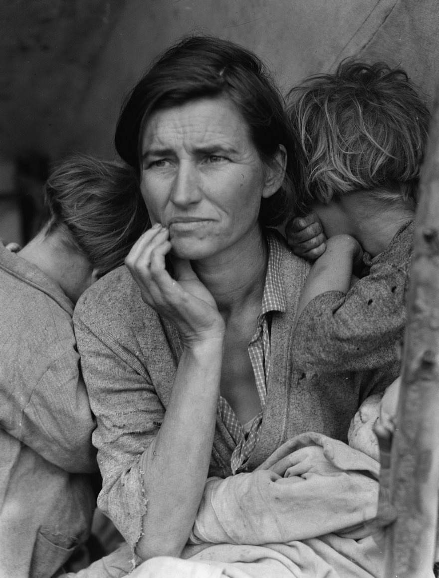 Migrant Mother, Dorothea Lange, 1936.
Dorothea Lange's "Migrant Mother" shows a woman, Frances Owens Thompson, in the middle of the Great Depression. Lange initially drove past Nipomo, where this photo was taken but decided to turn around.

Thompson, 32, was one of many in the Pea-Pickers Camp there. She had sold her tires to buy food for her children, who also killed birds for meals. Lange informed the authorities of their dire situation and food was sent to the camp.