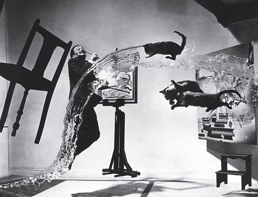 Dalí Atomicus, Philippe Halsman, 1948.
Philippe Halsman and Surrealist painter Salvador Dalí got their perfect shot after 28 tries. Included in the photo is Dalí's Leda Atomica. The theme is that of suspension, as shown by not only the painting but the cats, chair, easel, and water as well.