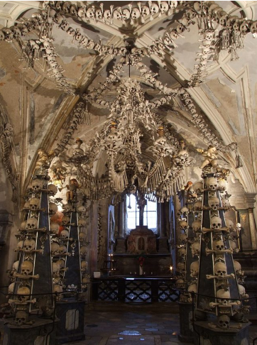 The Sedlec Ossuary is a chapel in the Czech Republic that contains the bones of between 40,000 and 70,000 people, many of which are arranged as decorations. It even has a chandelier that is made up of every bone in the human body.