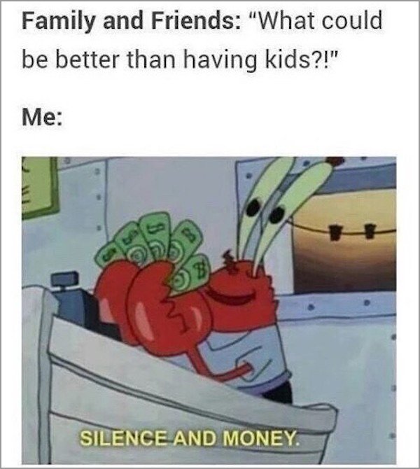 memes - whats better than having kids - Family and Friends "What could be better than having kids?!" Me Silence And Money.