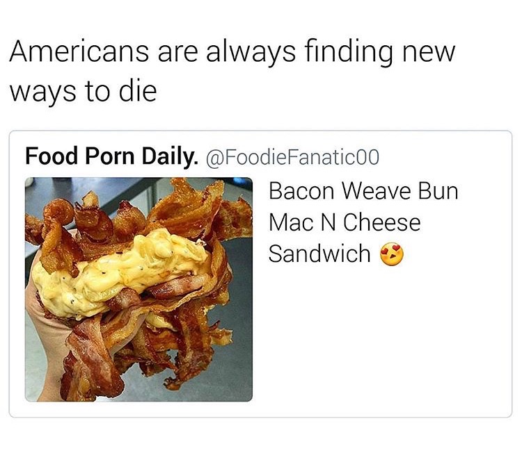 memes  -junk food - Americans are always finding new ways to die Food Porn Daily. Bacon Weave Bun Mac N Cheese Sandwich