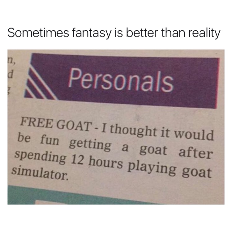 memes  -label - Sometimes fantasy is better than reality Personals Free Goat I thought it would be fun getting a goat after spending 12 hours playing goat simulator.