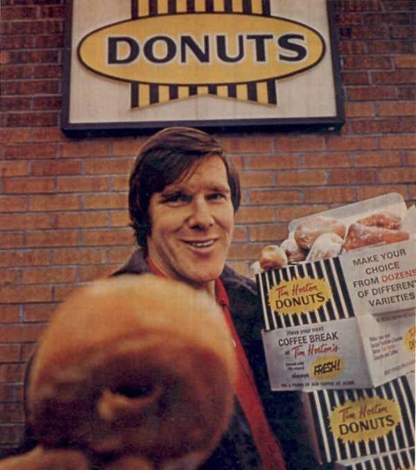 TIM HORTON’S.
No big surprise here, this beloved Canadian doughnut shop was founded by then ice hockey player Tim Horton. The defenseman made a healthy 22 year stand in the sport before he opened a doughnut and coffee shop in 1964 as a way to make money once his hockey career wrapped-up.