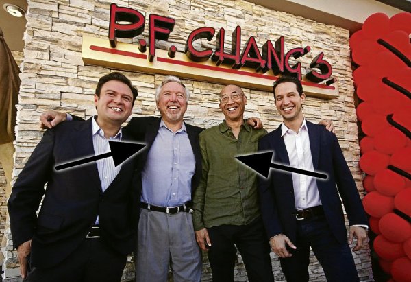 P.F. CHANG’S. 
This particular restaurant is a hybrid of two of the founder’s names. P.F. is derived from restaurateur Paul Fleming’s initials (middle-left), while Chang (middle-right) is a simplified spelling of chef Philip Chiang’s last name.