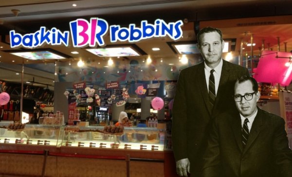 BASKIN-ROBBINS.
Brothers-in-law Burton “Burt” Baskin and Irvine “Irv” Robbins both had an obsession for ice cream, so they each opened ice cream shops in California. Baskin’s Burton’s Ice Cream Shop and Robbins’ Snowbird Ice Cream eventually merged together in 1953.