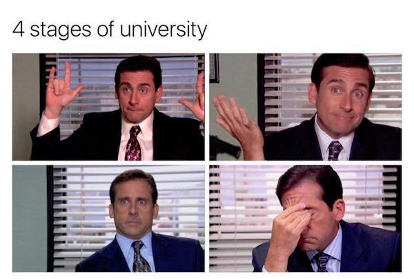 memes - stages of night shift - 4 stages of university