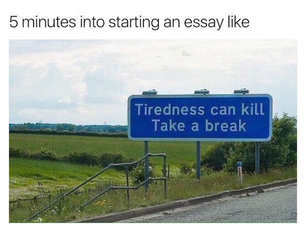 memes - tiredness can kill - 5 minutes into starting an essay Tiredness can kill Take a break