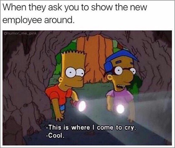 memes - here is where i come to cry - When they ask you to show the new employee around. Ohumor_me_pink This is where I come to cry. Cool.