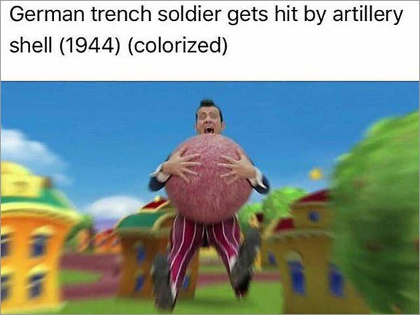 fake history memes - German trench soldier gets hit by artillery shell 1944 colorized
