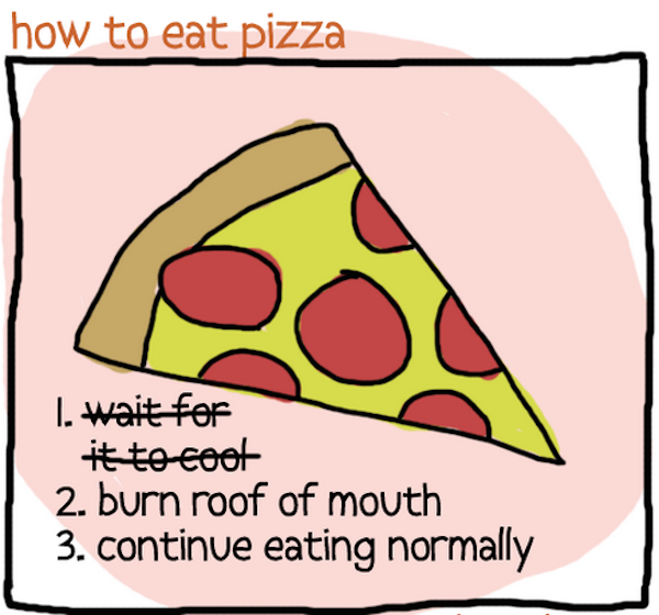 clip art - how to eat pizza I. wait for i to coot 2. burn roof of mouth 3. continue eating normally