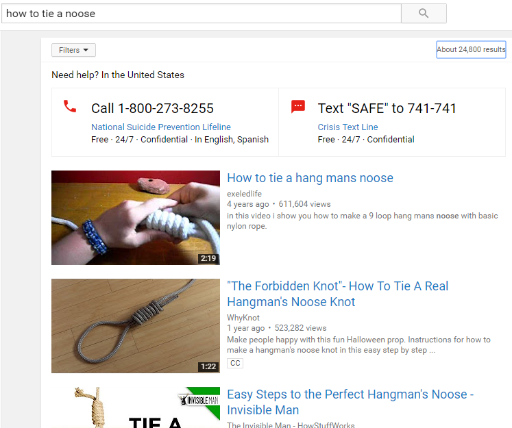 YouTube Puts The National Suicide Prevention Lifeline Phone Number at the Top of the Search Results When You Search For Videos About Tying a Noose