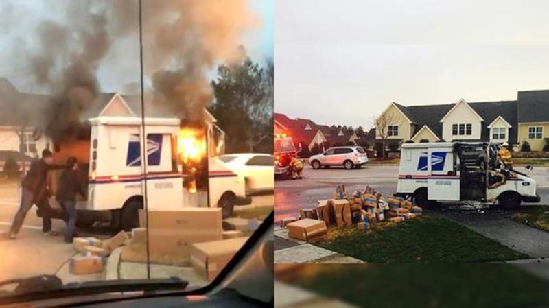 A USPS truck caught fire and the postal worker rushed to save all of the packages from catching fire…The holidays wouldn’t be possible without these hard working people