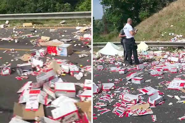 A video showing the aftermath of an accident involving a truck transporting chocolate goods appeared online in September 2016. Almost half a mile of Kinder Eggs, Kinder Buenos, Nutella, and other yummy treats lay scattered across three motorway lanes in an unidentified European country. Although some of the treats had been crushed by passing cars, others were in good enough shape to eat—and a couple in the video does just that. So would we!