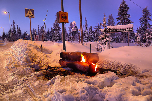 A burning log on the road to Ruka ski resort in Finland.