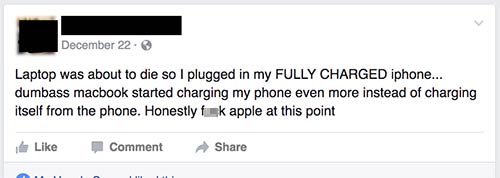 document - December 22. Laptop was about to die so I plugged in my Fully Charged iphone... dumbass macbook started charging my phone even more instead of charging itself from the phone. Honestly fork apple at this point Comment
