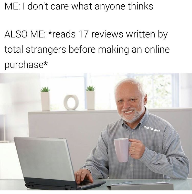 memes - andras arato - Me I don't care what anyone thinks Also Me reads 17 reviews written by total strangers before making an online purchases BadJokeBen