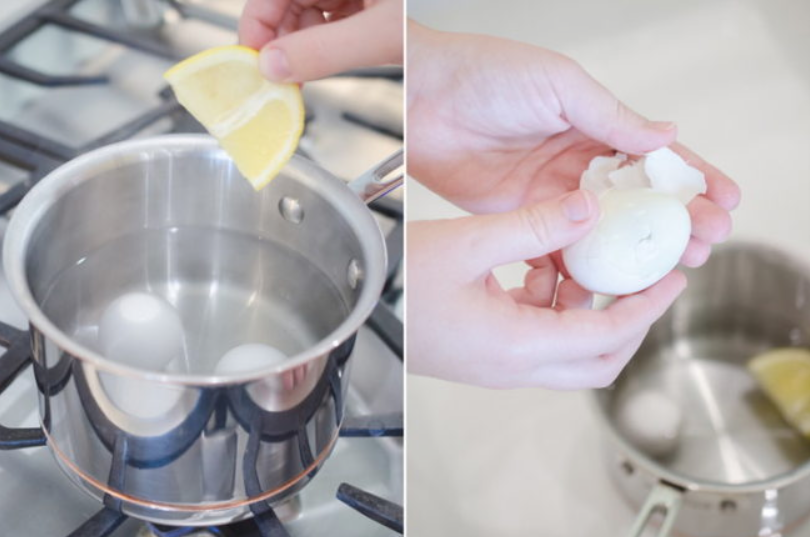 Drop a slice of lemon in while hard-boiling eggs to make the shells easy to peel.