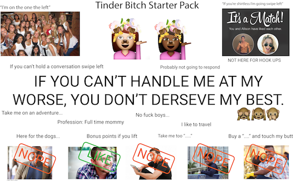 basic tinder bitch starter pack - "I'm on the one the left "If you're shirtless I'm going swipe left Tinder Bitch Starter Pack It's a Match! You and Alison have d each other Not Here For Hook Ups If you can't hold a conversation swipe left Probably not go