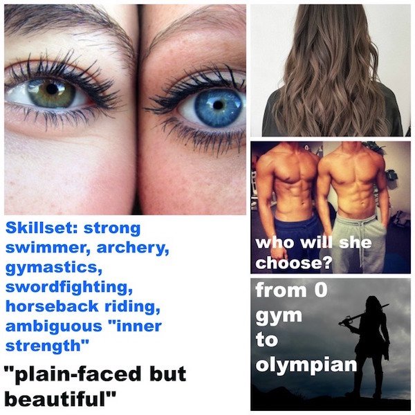 female starter pack - Skillset strong swimmer, archery, gymastics, swordfighting, horseback riding, ambiguous "inner strength" "plainfaced but beautiful" who will she choose? from 0 gym to olympian
