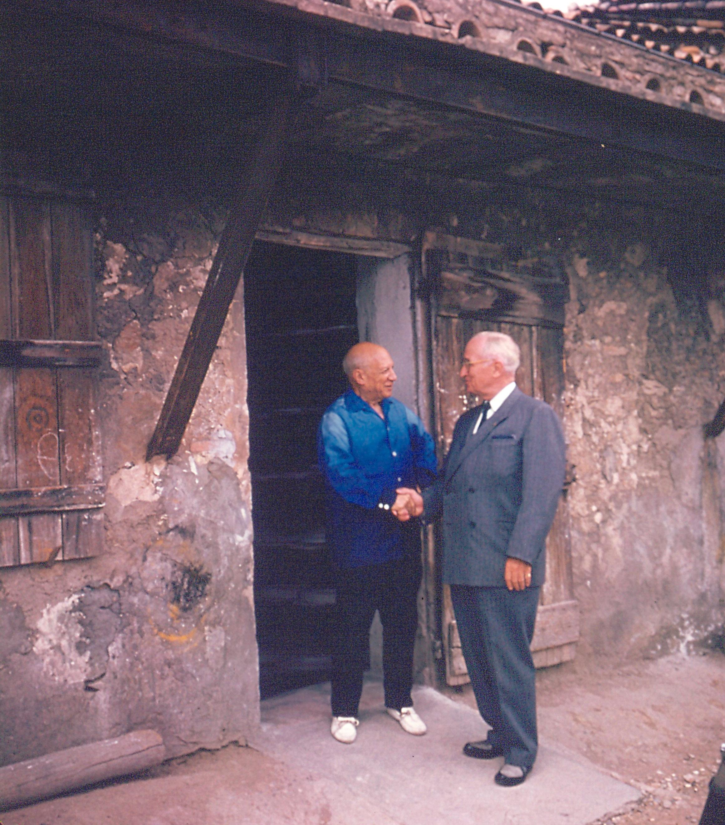 President Harry Truman shakes hands with Pablo Picasso. Vallauris, France, 1958