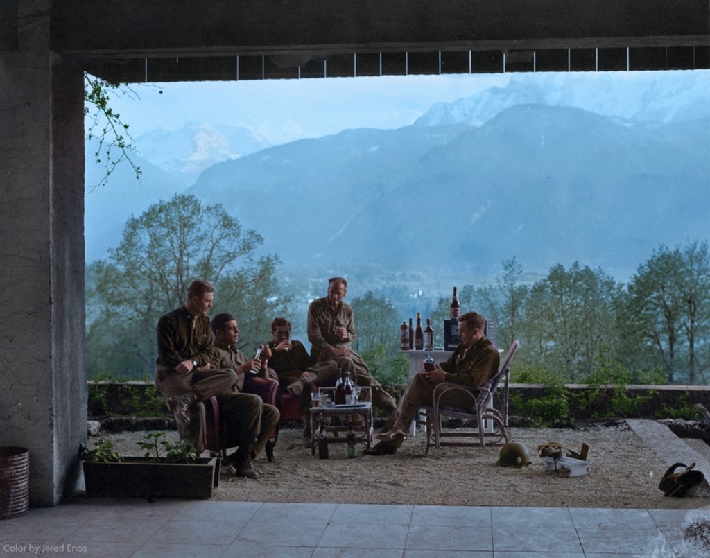 Men of Easy Company (portrayed in HBO’s Band of Brothers) celebrate V-E day in Hitler’s private residence, May 8, 1945.

“War brings out the worst and the best in people. Wars do not make men great, but they do bring out the greatness in good men. War is romantic only to those who are far away from the sounds and turmoil of battle. For those of us who served in Easy Company, and for those who served their country in other theaters, we came back as better men and women as a result of being in combat, and most would do it again if called upon. But each of us hoped that if we had learned anything from the experience it is that war is unreal, and we earnestly hoped that it would never happen again.”  – Dick Winters