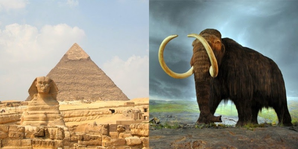 The first pyramids were built while the woolly mammoth was still alive. While most mammoths died out long before civilizations arose, a small populations survived until 1650 BC. By that point, Egypt was halfway through its empire, and the Giza Pyramids were already 1000 years old.